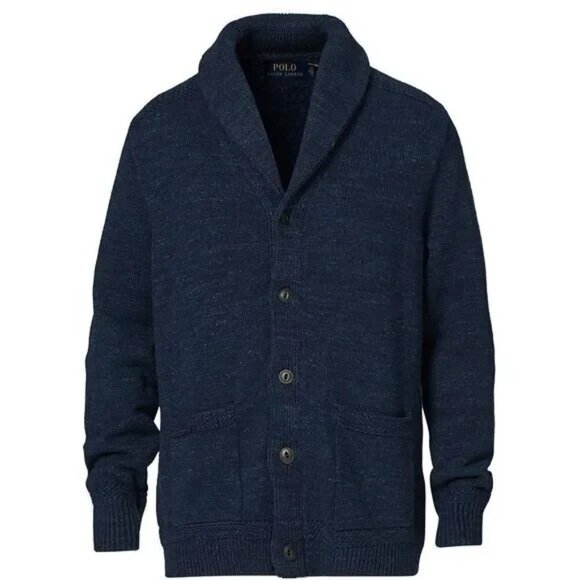 Polo Ralph Lauren Button Cardigan M Medium Blue Shawl Collar Cotton Knit Marled - Picture 1 of 10